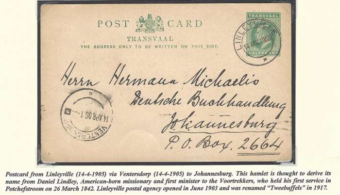 Transvaal scarce  LINLEYVILLE ("R") via Ventersdorp to Johannesburg. See below.