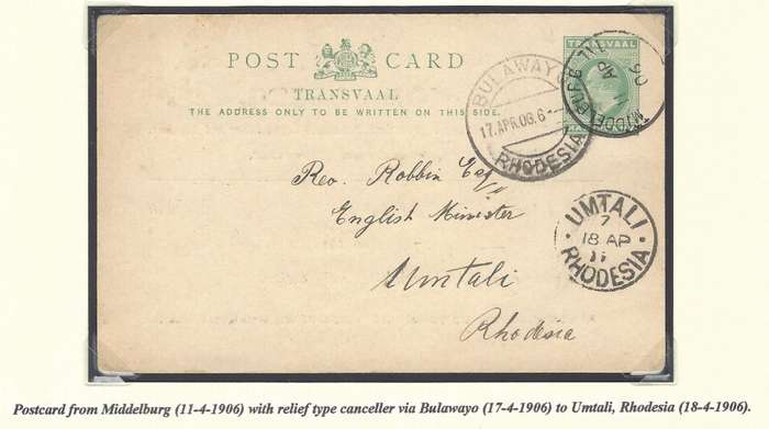 Transvaal Scarce MIDDELBURG RELIEF cds (Putzel type 7) to Umtali via Bulawayo.