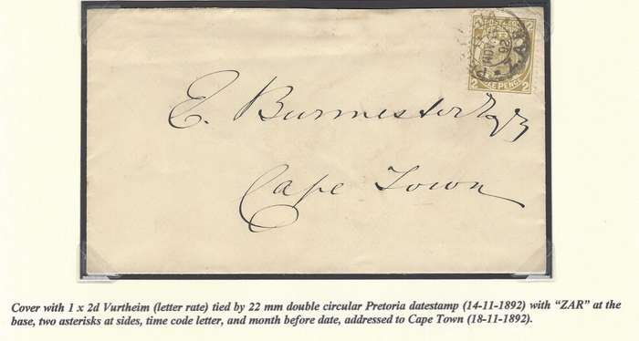 Transvaal: 1892 PRETORIA/CAPE TOWN cover 22 mm Double Circular cds "ZAR" at base.