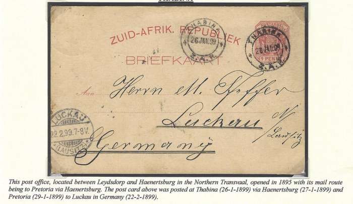 Transvaal THABINA via HAENERTSBURG & PRETORIA to Germany.