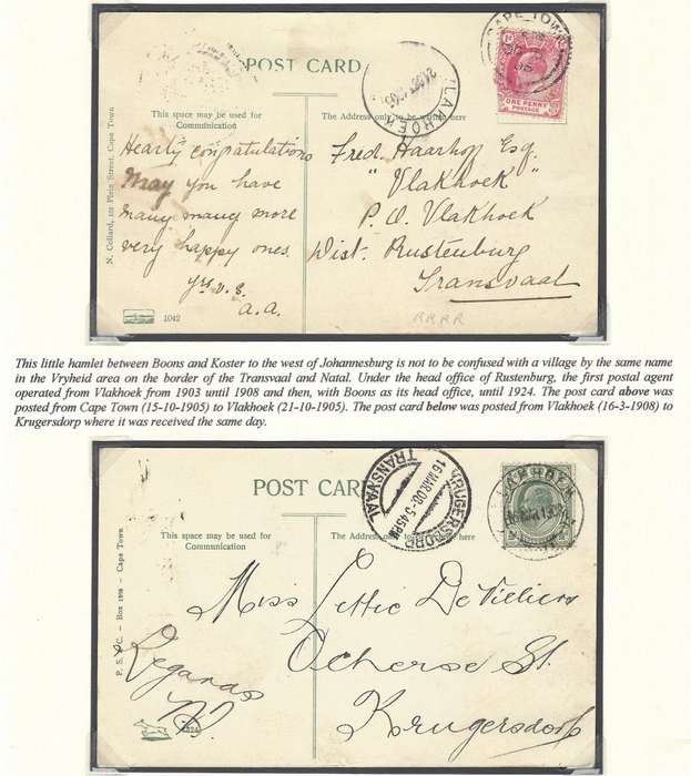 Transvaal Postal Agencies/Post Offices: Rare ("RRRR") VLAKHOEK cds - 2 cards. See below.