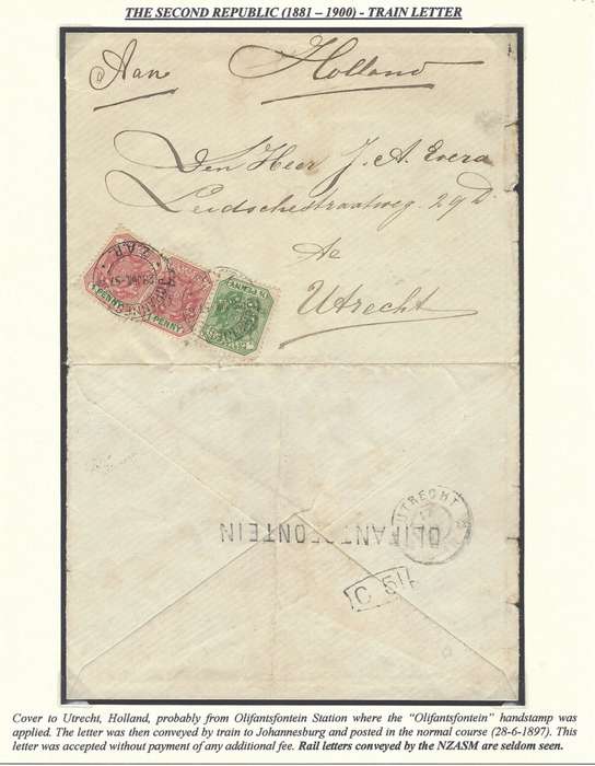 Transvaal Rarity: 1897 TRAIN LETTER with OLIFANTSFONTEIN handstamp. See below.