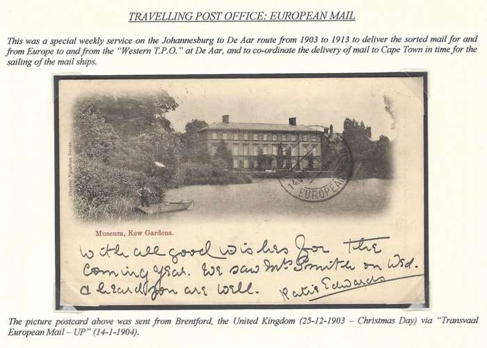 Transvaal: Scarce Travelling Post Office - European Mail - Christmas Day 1903.