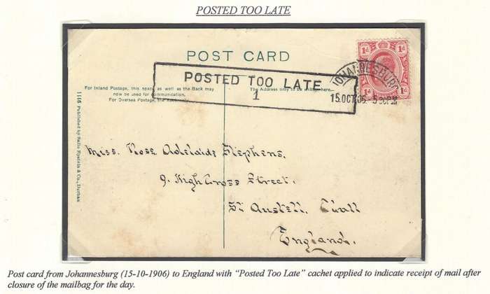 Transvaal: Scarce 1906 SHEBA VALLEY postcard with "POSTED TOO LATE" CACHET".