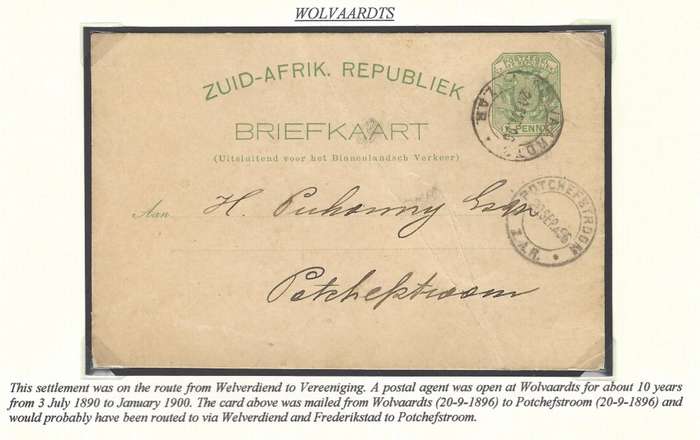 Transvaal Very scarce ("RR") WOLVAARDTS to Potchefstroom.