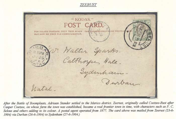 Transvaal ZEERUST via Durban to Sydenham, Natal. (relief cds).