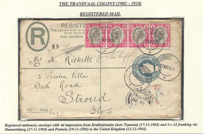 Transvaal Scarce regd. ("RR") KRABBEFONTEIN cds via HAENERTSBURG, PRETORIA to UK.  .