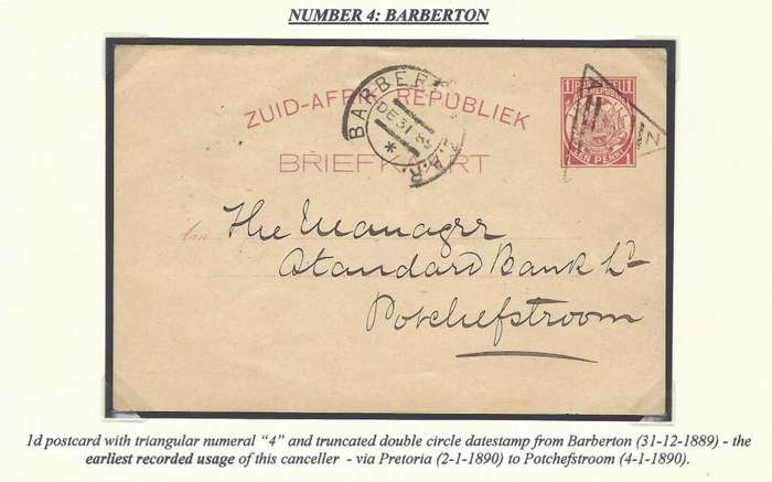Transvaal: 1889 Proving card Numeral-in-triangle "4" of BARBERTON & EARLIEST truncated double cds.