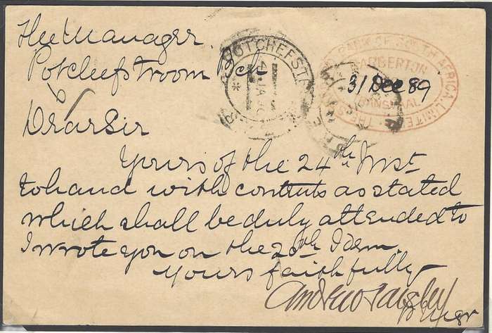 Transvaal: 1889 Proving card Numeral-in-triangle "4" of BARBERTON & EARLIEST truncated double cds.