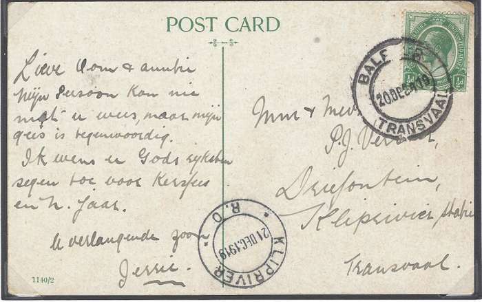 Transvaal Scarce KLIP RIVER R(ail) O(office) postcard.