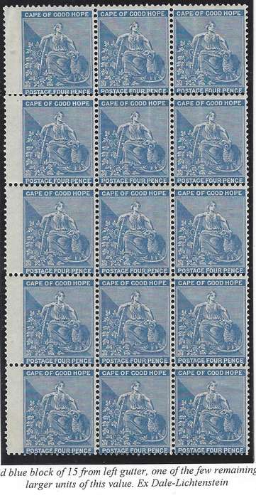 Cape 1871/6 4d block of 15 ex Dale-Lichtenstein MNH/VFM. SACC 25. See below.