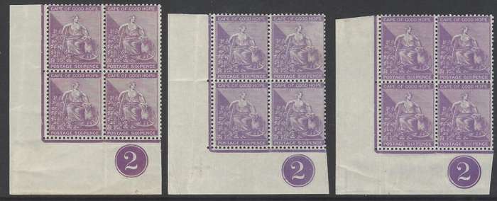 Cape 1884/90 All three 6d shades Plate `2` blocks superb MNH/VFM. SACC 47, a, b. See below.