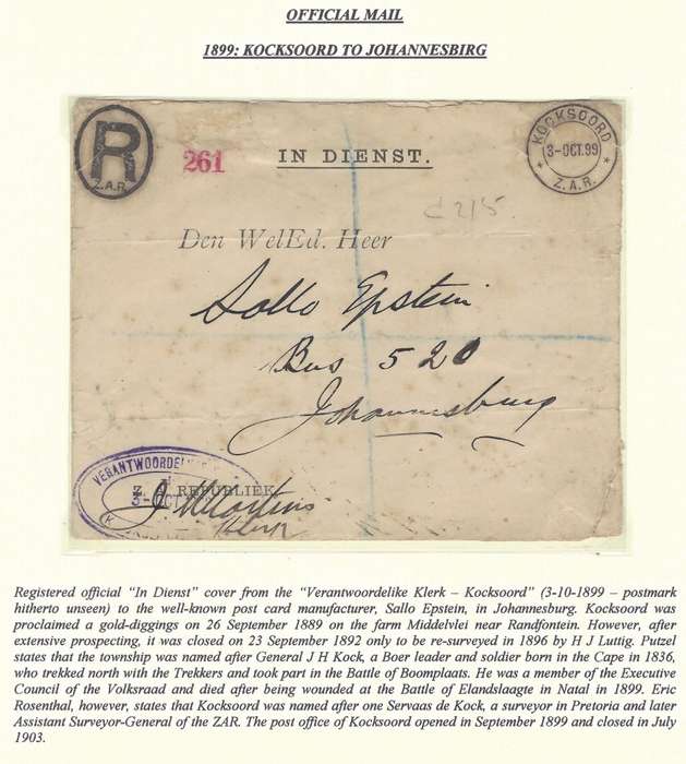 Transvaal Rarity: Official Registered mail: KOCKSOORD/ZAR to Johannesburg..