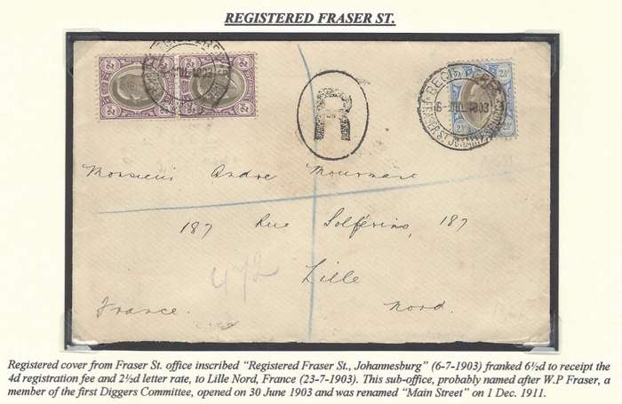 Transvaal: Jhb. sub-offices: Scarce ("RRR") REGISTERED FRASER ST. JOHANNESBURG (Putzel type 3).