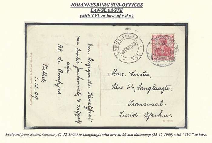 Transvaal: JHB sub-offices: LANGLAAGTE with "TVL" at base. Putzel type 6 cds.