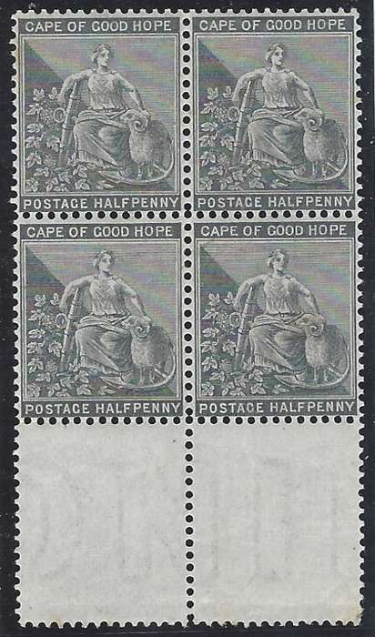 Cape 1871/6 Block with bottom gutter & printers wmk. VFM/MNH. SACC 23a. See below.