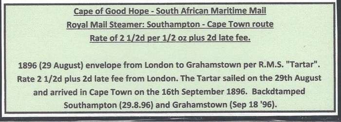 Cape Maritime Mail: 1896 "R.M.S." Tartar incoming cover London/Grahamstown.