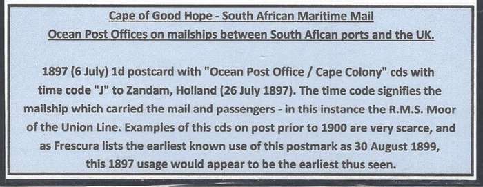 Cape Ocean PO: Rare 1897 "R.M.S. Moor" card with one of EARLIEST cds to Zandam, Holland. See below.