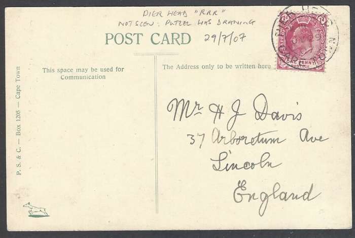 Cape Postal history: Rare 1907 "PIER HEAD" cds - not seen by Putzel - on card to England. See below.