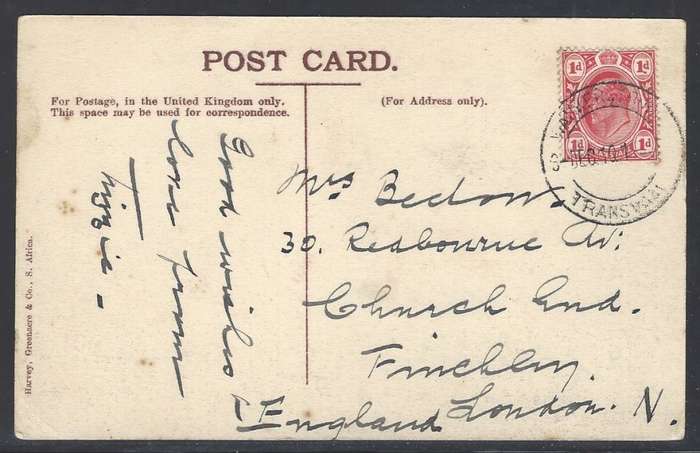 Transvaal 1910 Historic postcard from WAKKERSTROOM to LONDON.