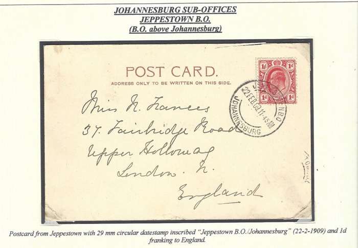 Transvaal: Jhb. sub-offices: JEPPESTOWN B.O. - B.O. above `JOHANNESBURG` Putzel type 3 cds.