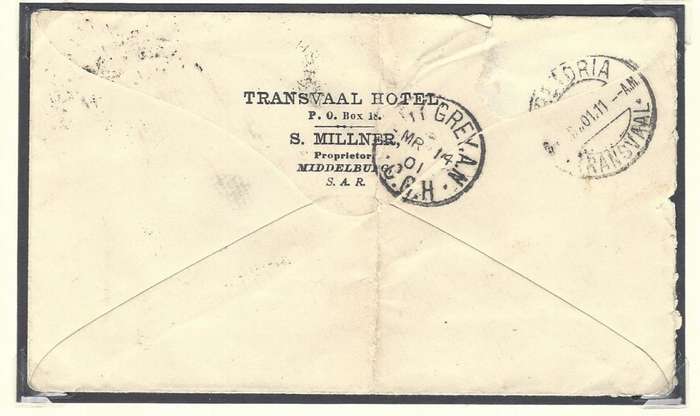 Boer War: 1901 Uncensored cover "Middelburg TVL" via Pretoria to Lady Grey.