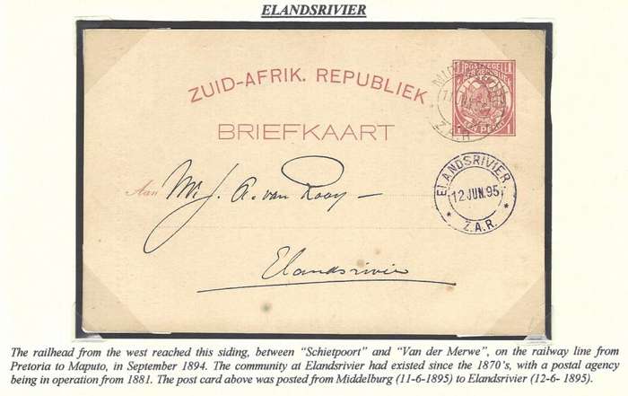 Transvaal Scarce ("R") purple 1895 ELANDSRIVIER cds on postcard from MIDDELBURG.