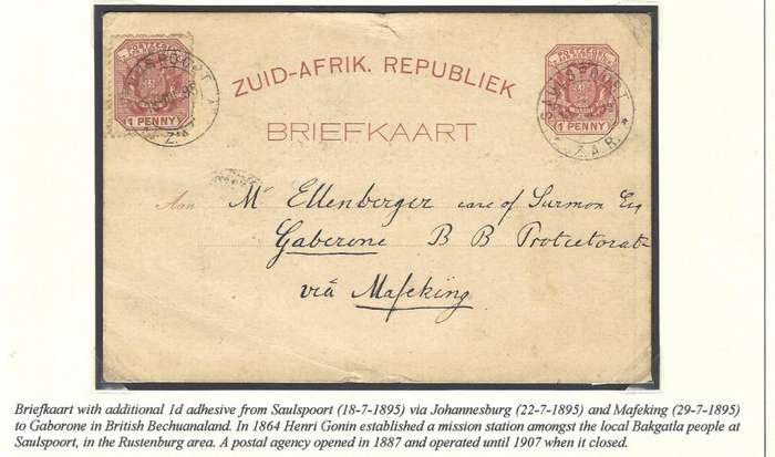 Transvaal: Scarce 1895 SAULSPOORT uprated card via JHB. & MAFEKING to GABARONE.