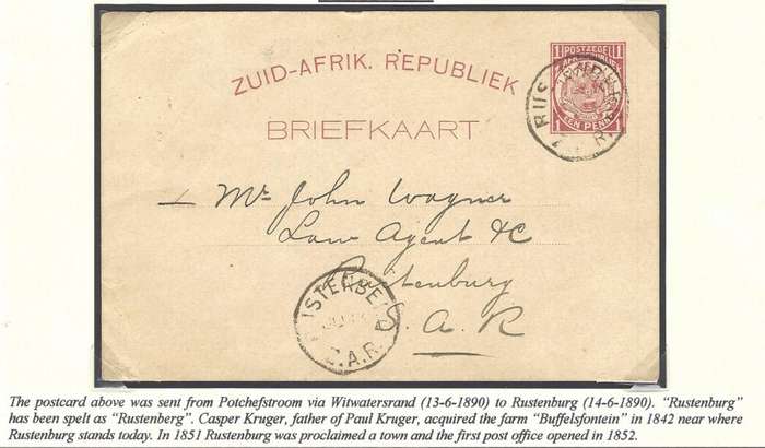 Transvaal: Rare 1890 RUSTENBERG with "E" instead of "U" cds on local card. See below.