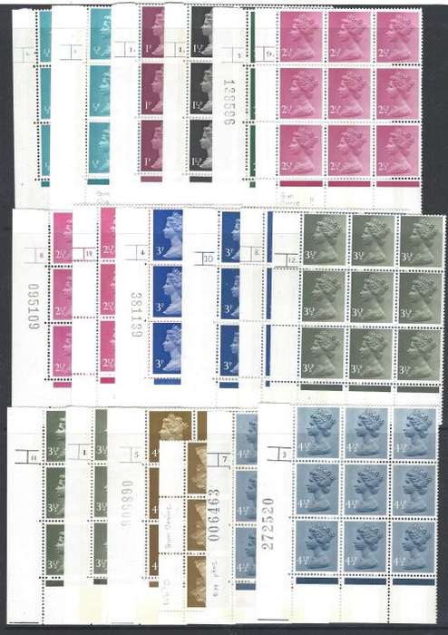 GB QE II collection 37 blocks of 9 MNH. Plate/sheet/phosphor bands, gum changes. See below.