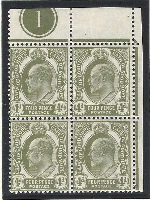 Cape 1902/4 SACC 70 plate corner block of 4 MNH. See below.