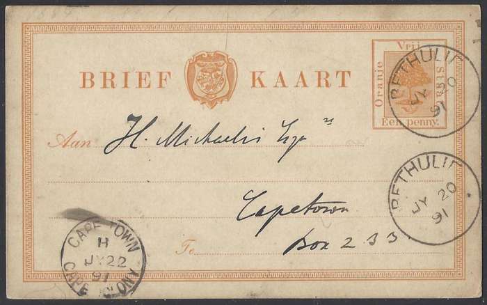 OFS 1891 1d Brief Kaart BETHULIE to CAPE TOWN.