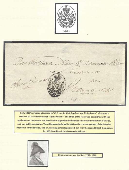 Cape 1800`s MLS 1 wrapper to RJ. van der Riet, Landrost, Stellenbosch ex Maxwell Joseph. See below.