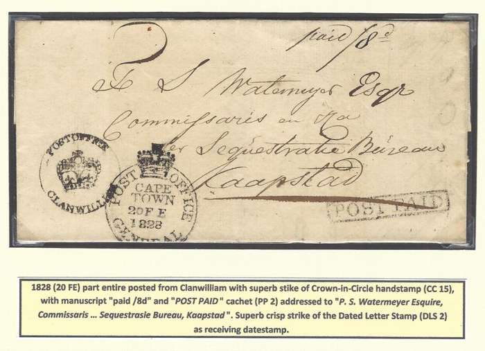 Cape 1828 Clanwilliam part entire with CC 15, Post Paid (PP2) and DLS 2