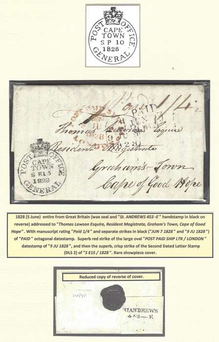 Cape 1828 (5 June) Post Paid Ship Letter London, Second Dated Letter Stamp (DLS 3).  See below.
