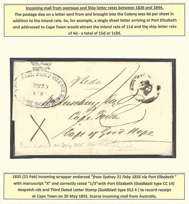 Cape 1835 wrapper from Sydney, Australia via Port Elizabeth to Cape Town. DLS 4 and CC 14.