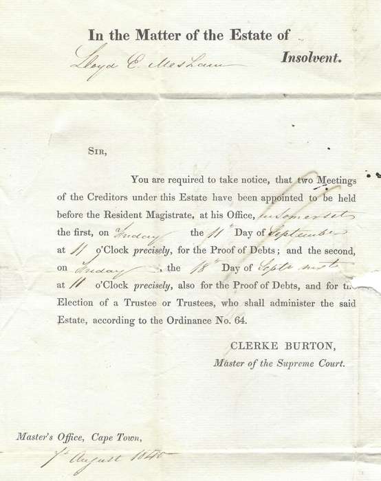 Cape 1840 (7 AU) historic pre-printed entire Cape Town to Cradock with DLS 4 and PP 1 . See below.