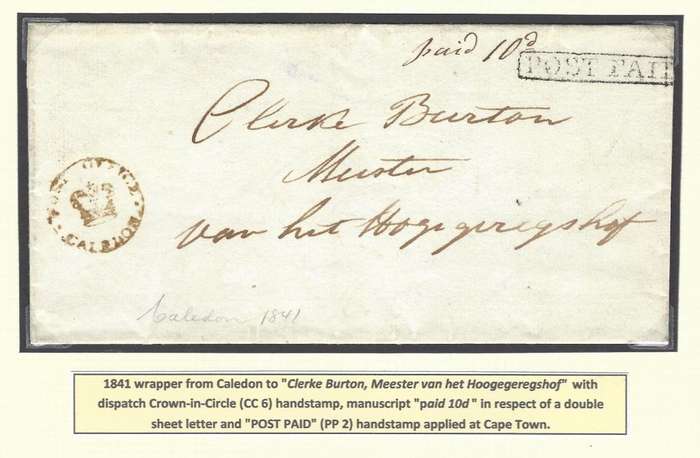 Cape 1841 wrapper from Caledon to Cape Town with CC 6 and PP 2. See below.