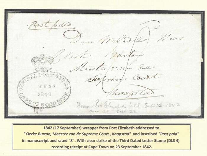 Cape 1842 (SP 17) wrapper from Port Elizabeth to Cape Town with DLS 4. See below.