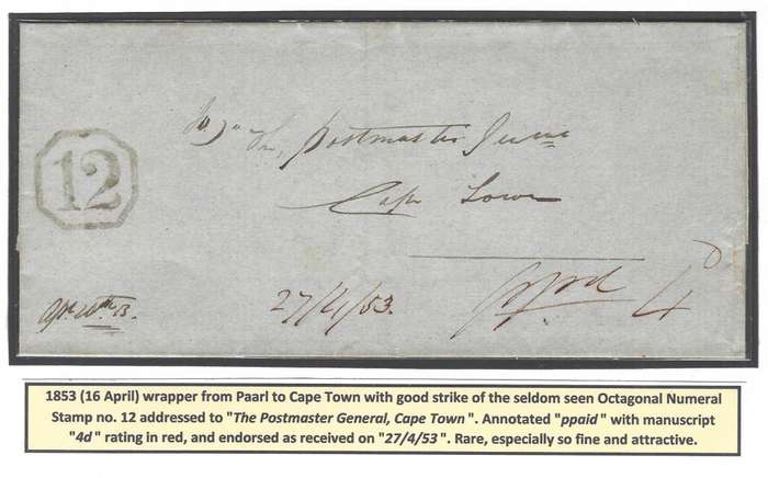 Cape: 1853 (16 April) wrapper from Paarl with number 12.  See below.