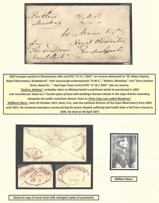 Cape: 1859 (JY  17) historic William Mann wrapper from Simonstown with DTO to Rondebosch. See below.