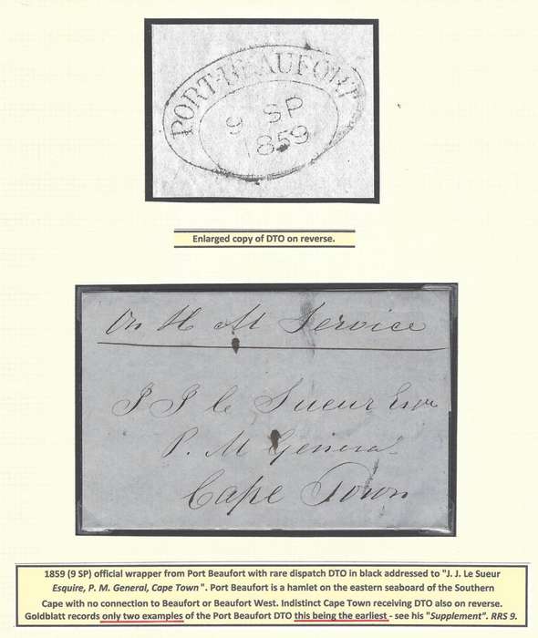Cape: 1859 (9 SP) earliest use of Rare PORT BEAUFORT DTO on cover. See below..