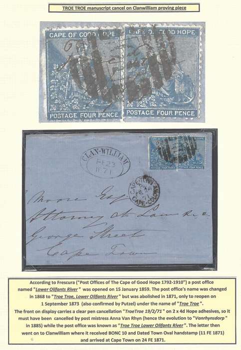 Cape Rarity: 1871 manuscript TROE TROE (Lower Olifants River?)/CLANWILLIAM/CAPE TOWN front.