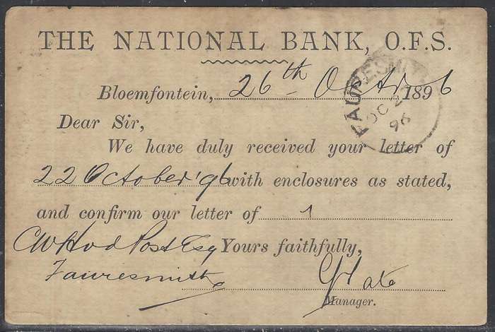 OFS 1896 (26 OC) 1/2d Ninth (9th) PTG Stamp B/Kaart from Bloemfontein to Fauresmith. See below.