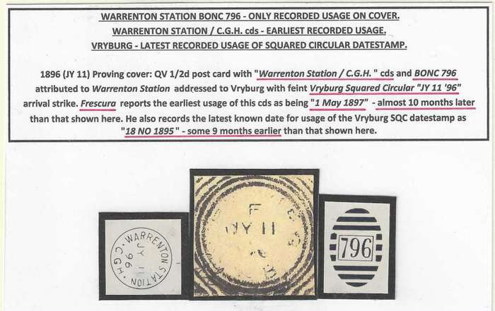 Cape rarity: 1896 only known Proving cover: WARRENTON STATION cds, BONC 796, Vryburg latest cds.