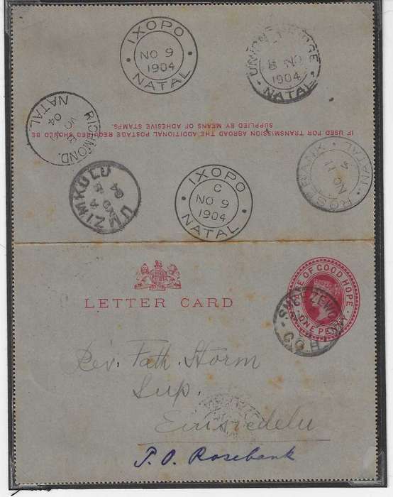 Cape/Griq. East/Natal rarity: 1904 cover Sneezewood/Union Bridge/Umzimkulu/Ixopo/Richmond/Rosebank.