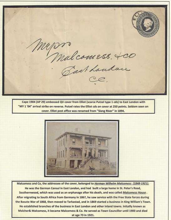Cape 1904 Historic Malcomess & Co cover from Elliot to East London.