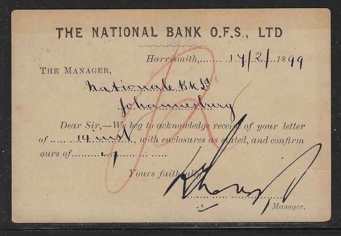 OFS 1899 (FE 17) 11th PTG Stamp B/Kaart Harrismith to Johannesburg. See below.