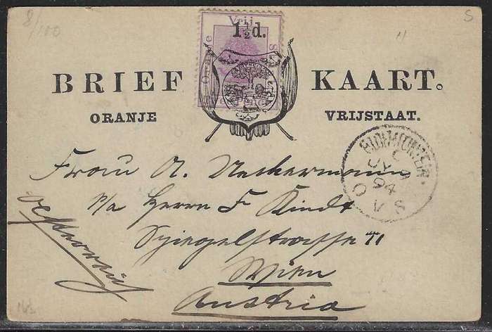 OFS 1894 (JY 9) 1 1/2d on 2d Stamp Brief Kaart. 3nd Ptg. Bloemfontein/Austria. See below.