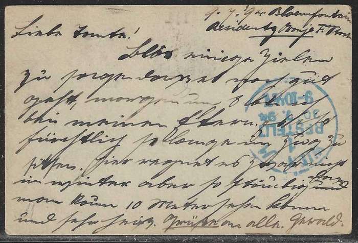 OFS 1894 (JY 9) 1 1/2d on 2d Stamp Brief Kaart. 3nd Ptg. Bloemfontein/Austria. See below.